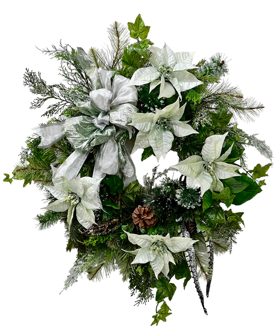 Pale Green and Silver Poinsettia Silk Floral Holiday Wreath/HOL37