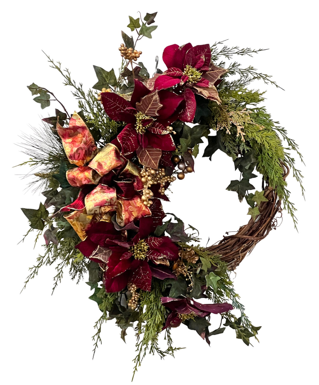 Burgundy and Gold Silk Floral Holiday Crescent Wreath/Hol89