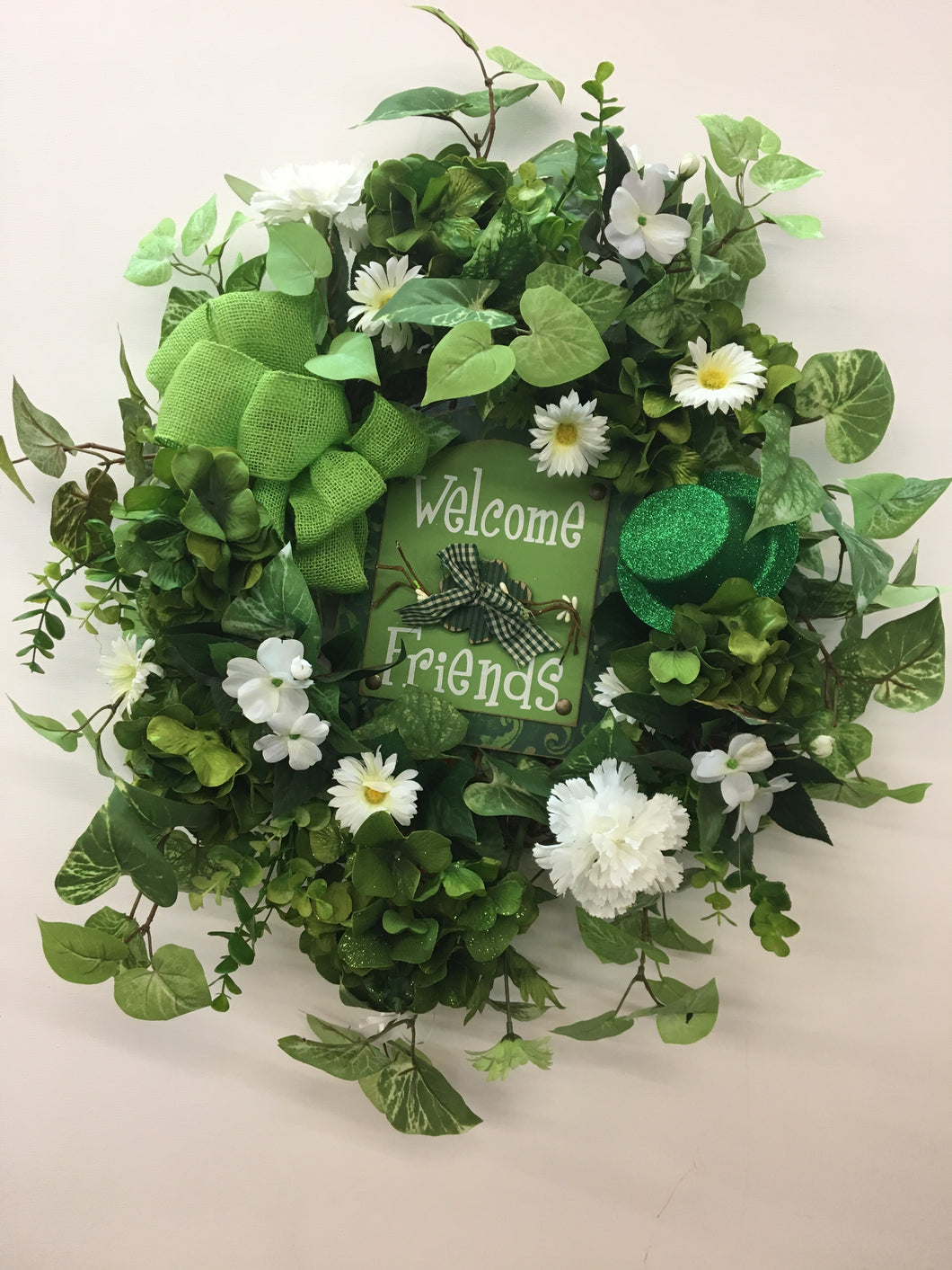Green and White St Patrick's Day Front Door Wreath with Green Glitter Hat/Eng10 - April's Garden