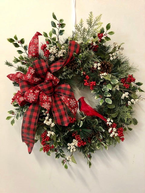 Red and White Silk Floral Winter Front Door Wreath with Red Buffalo Plaid and Cardinal/Trans102 - April's Garden Wreath