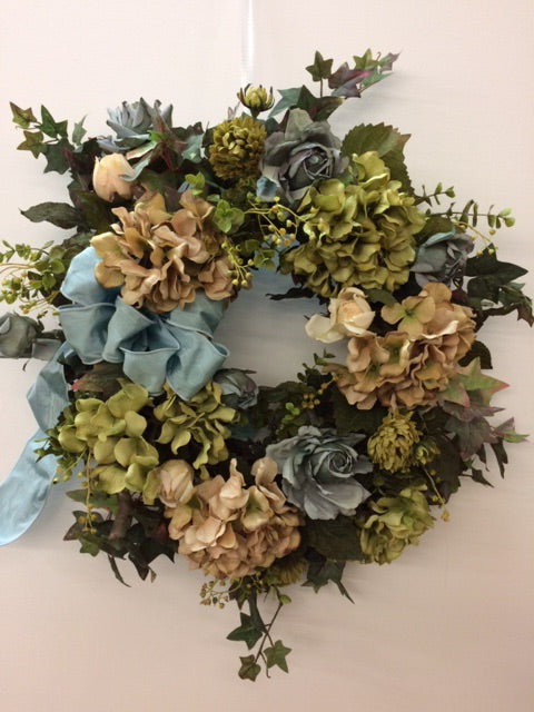Taupe and Blue Silk Floral Late Summer Early Fall Wreath/IS21 - April's Garden Wreath