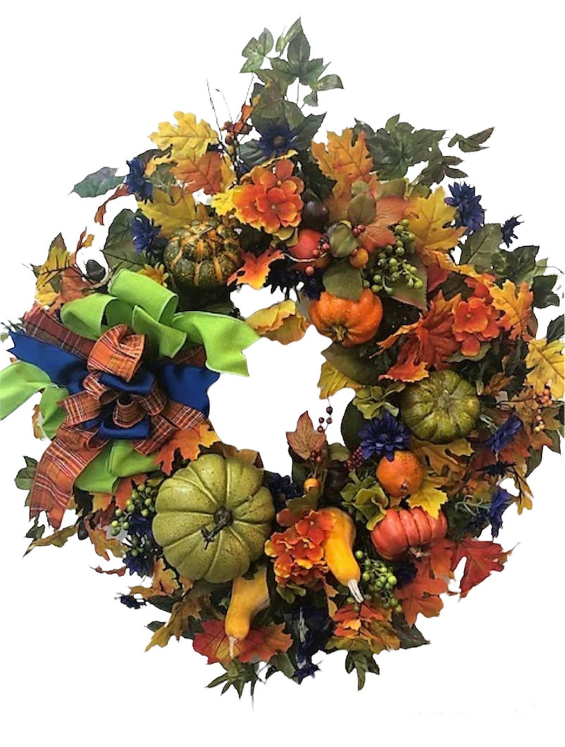 Orange, Green and Navy Silk Floral Large Fall Hydrangea Wreath with Pumpkins/Harv119