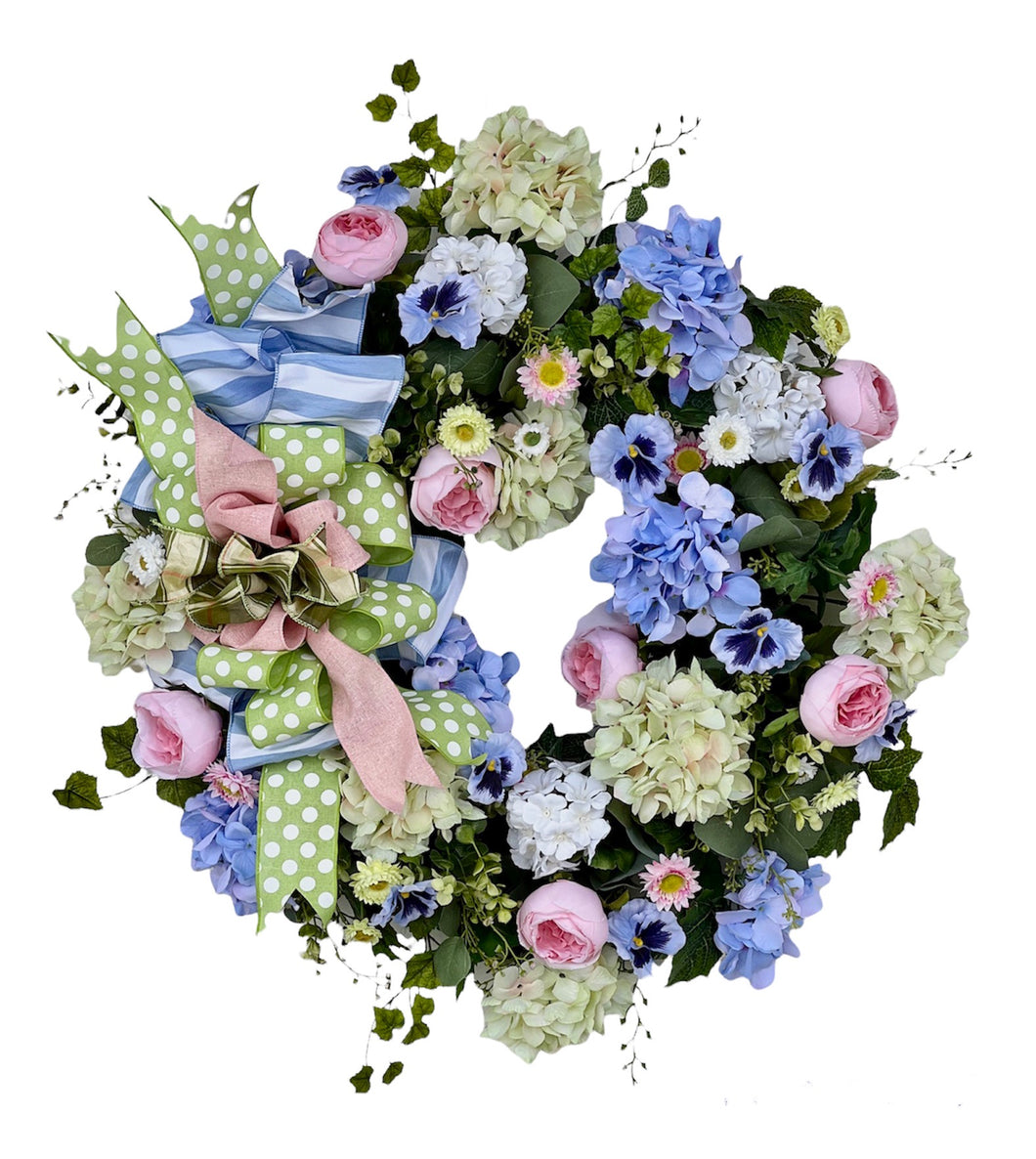 Green, Pink and Blue Silk Floral Extra Large Summer Wreath/VER180