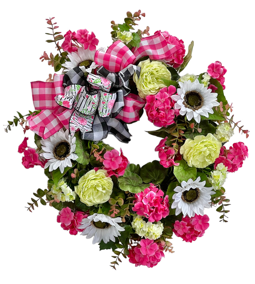 Pink, Green and White Silk Floral Summer Wreath with Sunflowers and Peonies/VER181