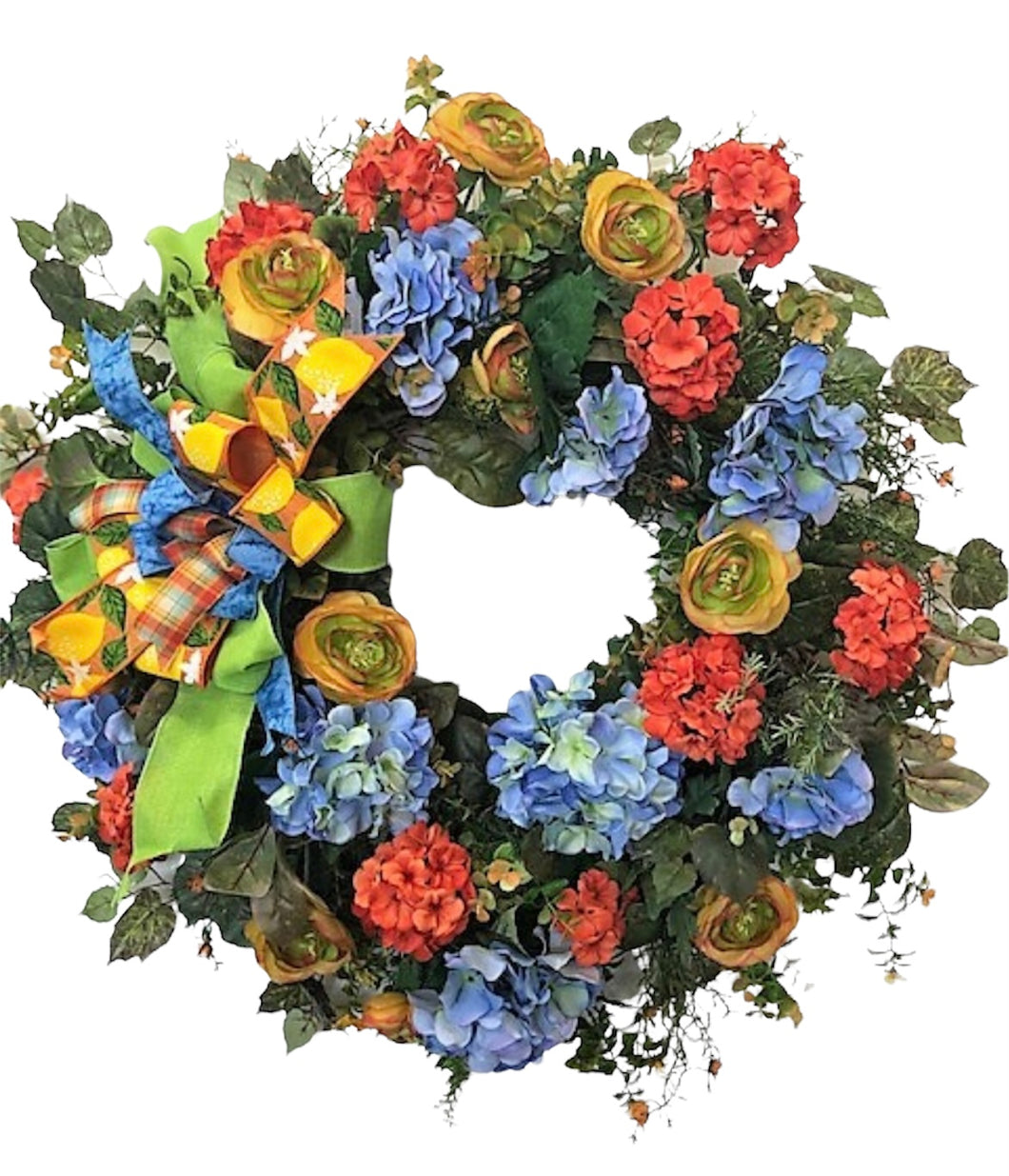 Blue and Orange Silk Floral Spring Summer Extra Large Wreath with Hydrangeas/VER39