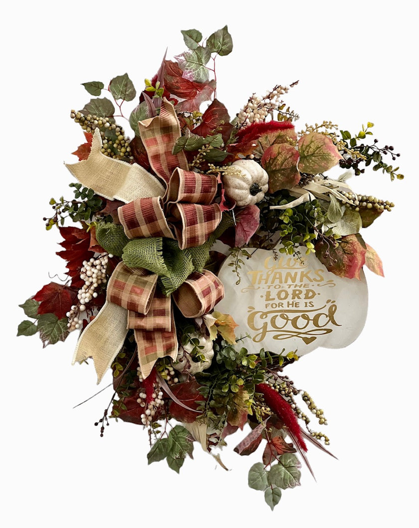 Burgundy, Green and Cream Silk Floral Fall Thanksgiving Wreath with Plaque/Harv218