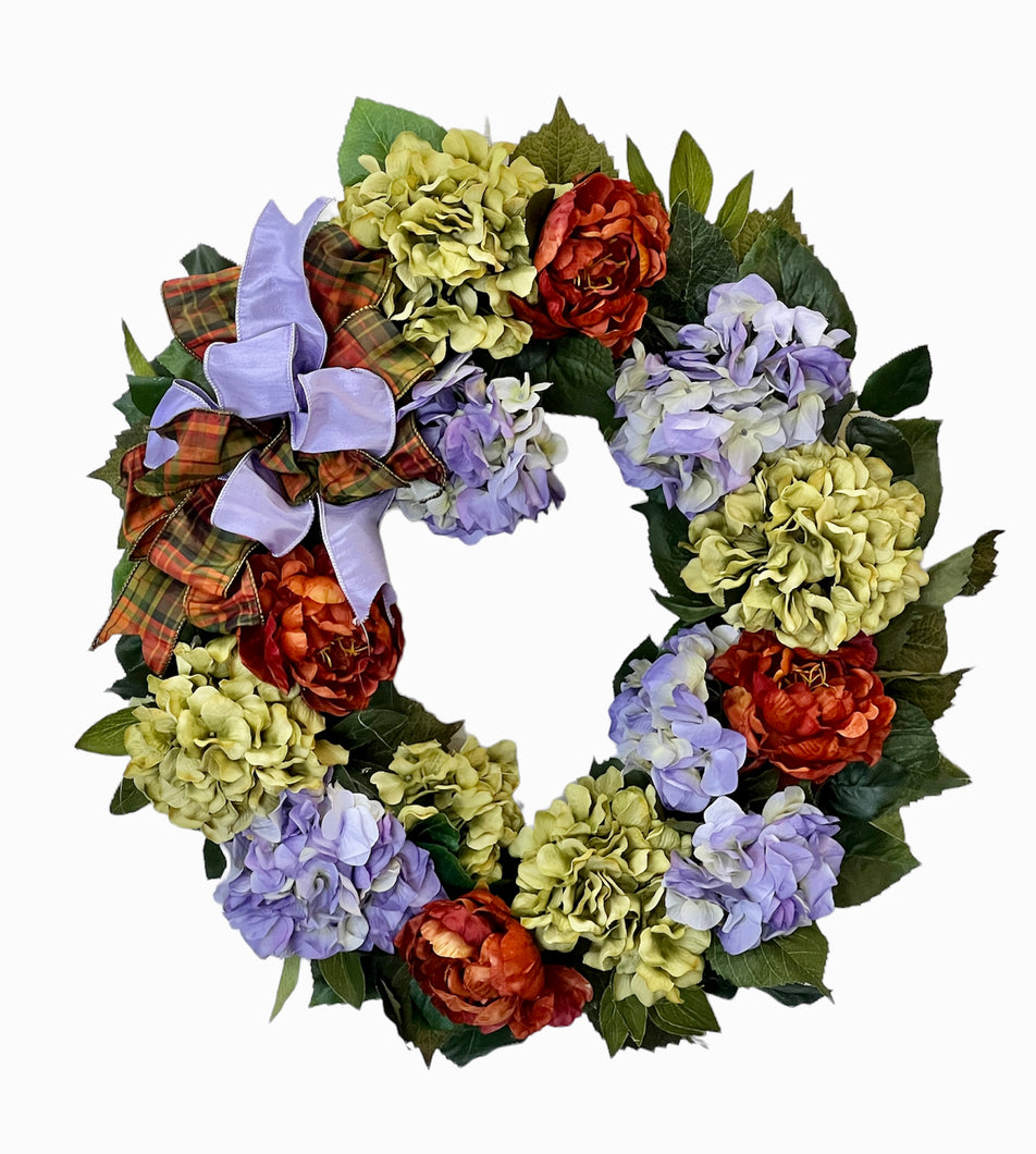 Lavender & Green Hydrangea with Rust Peony Silk Floral Everyday Wreath/ROM35