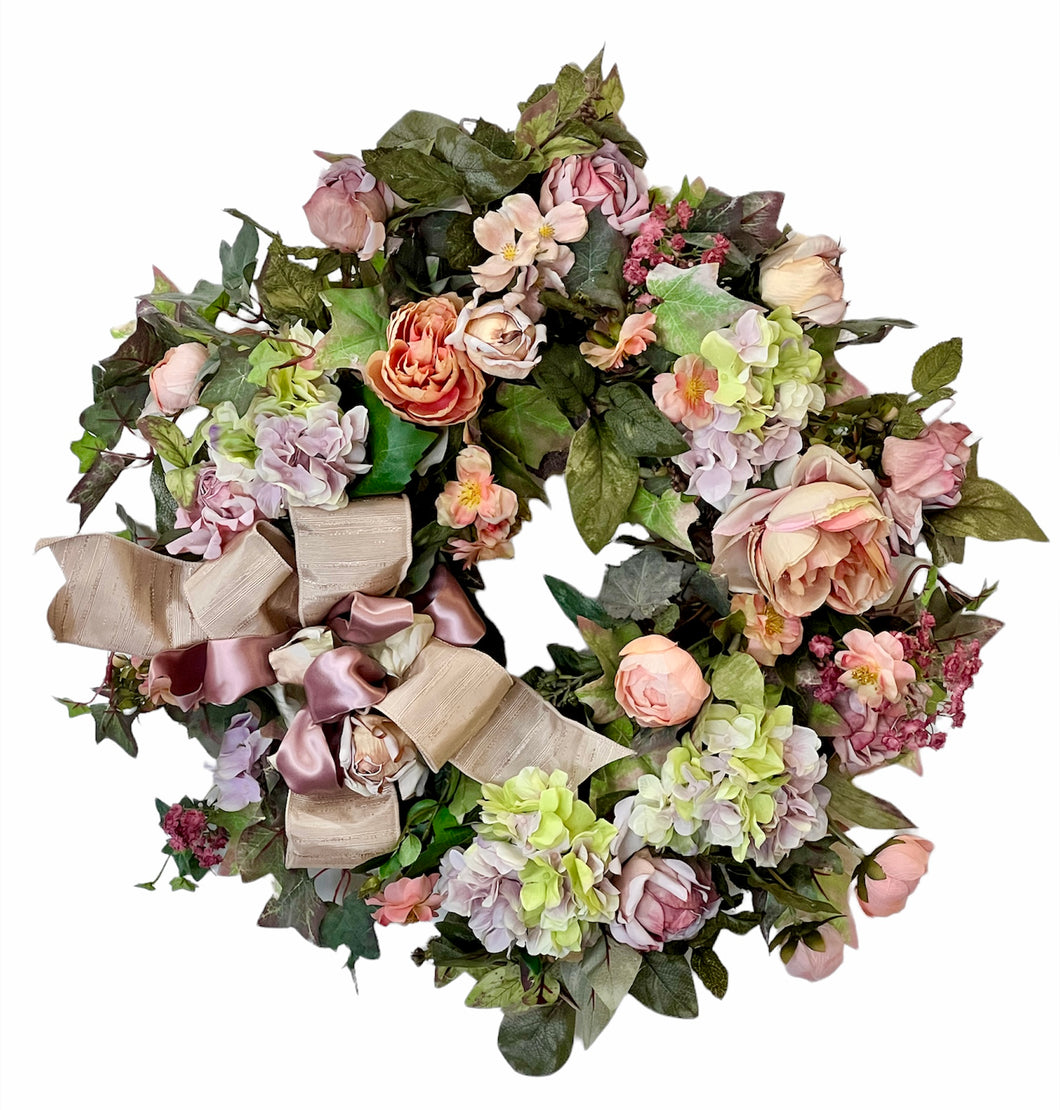 Apricot, Lavender and Mauve Silk Floral Non-Seasonal Everyday Wreath/ROM46
