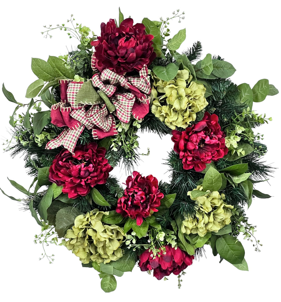 Antique Red Peony and Green Hydrangea Silk Floral Winter Wreath/Trans139