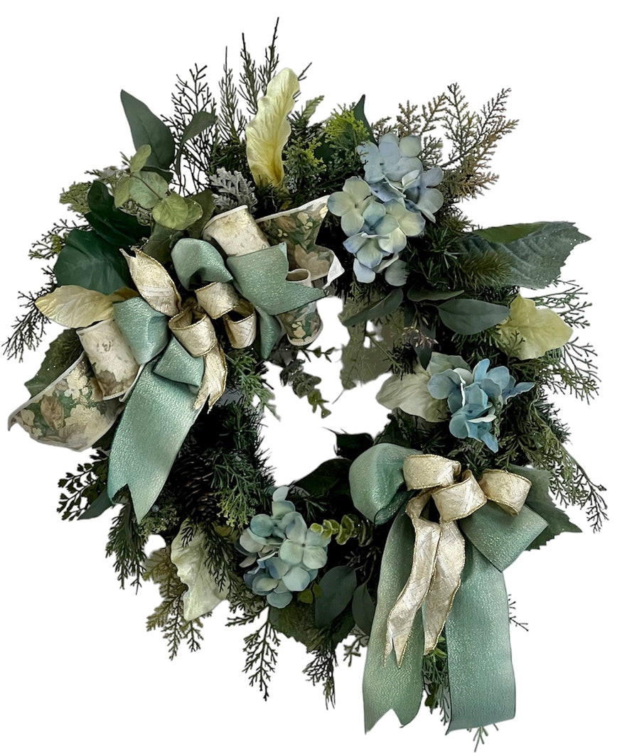 Blue and Cream Transitional Winter Wreath/TRANS164