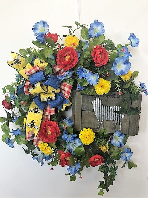 Red, Blue and Yellow Silk Floral Summer Wreath with Welcome Plaque/Ver04 - April's Garden