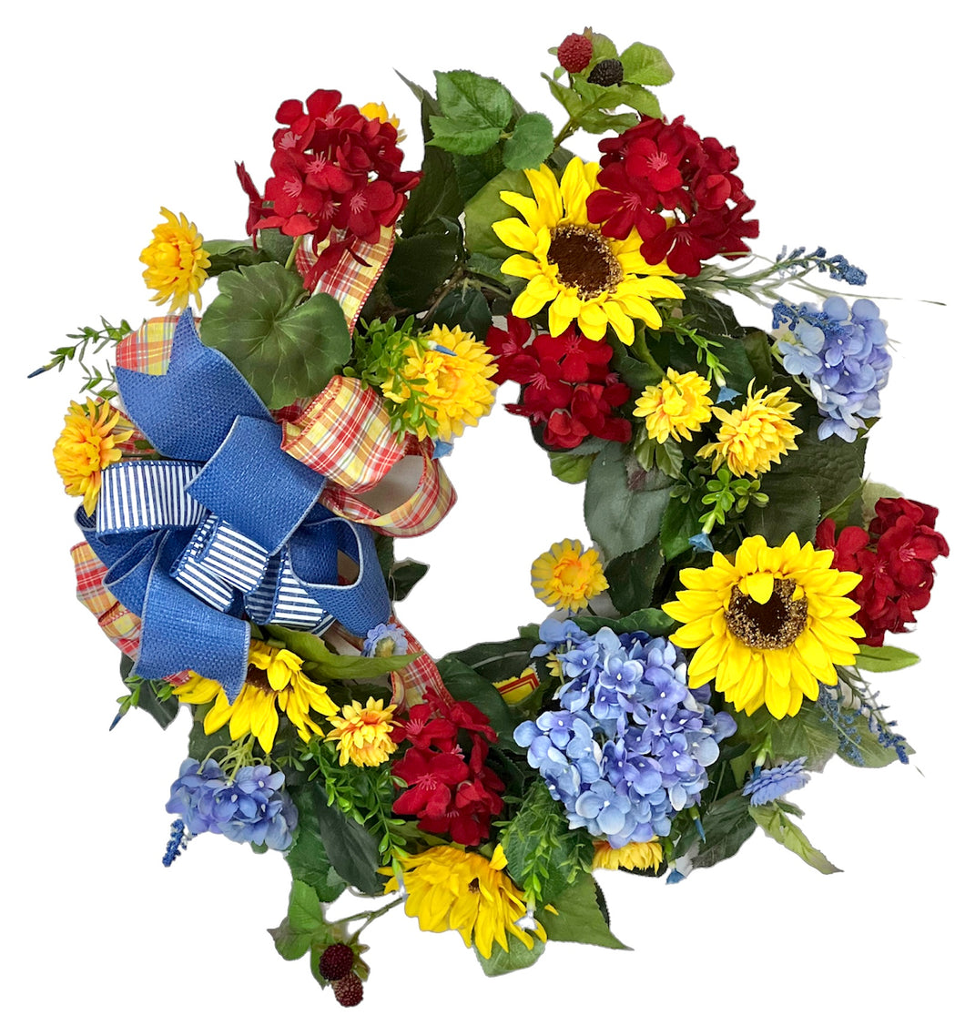 Red, Yellow and Blue Silk Floral Summer Fall Wreath with Sunflowers/VER141