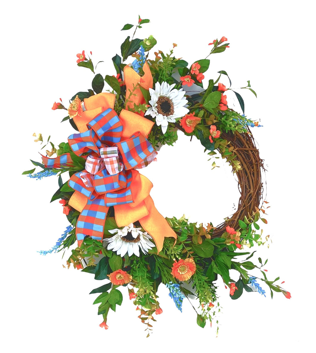White, Blue and Orange Silk Floral Summer Crescent Wreath with Sunflowers/VER177